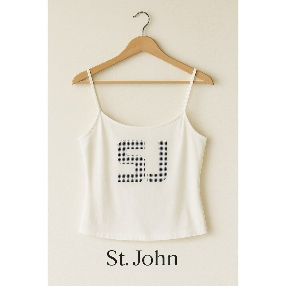 St. John White Cotton Camisole Tank Top Size M | SJ Graphic Built-In Bra NWT